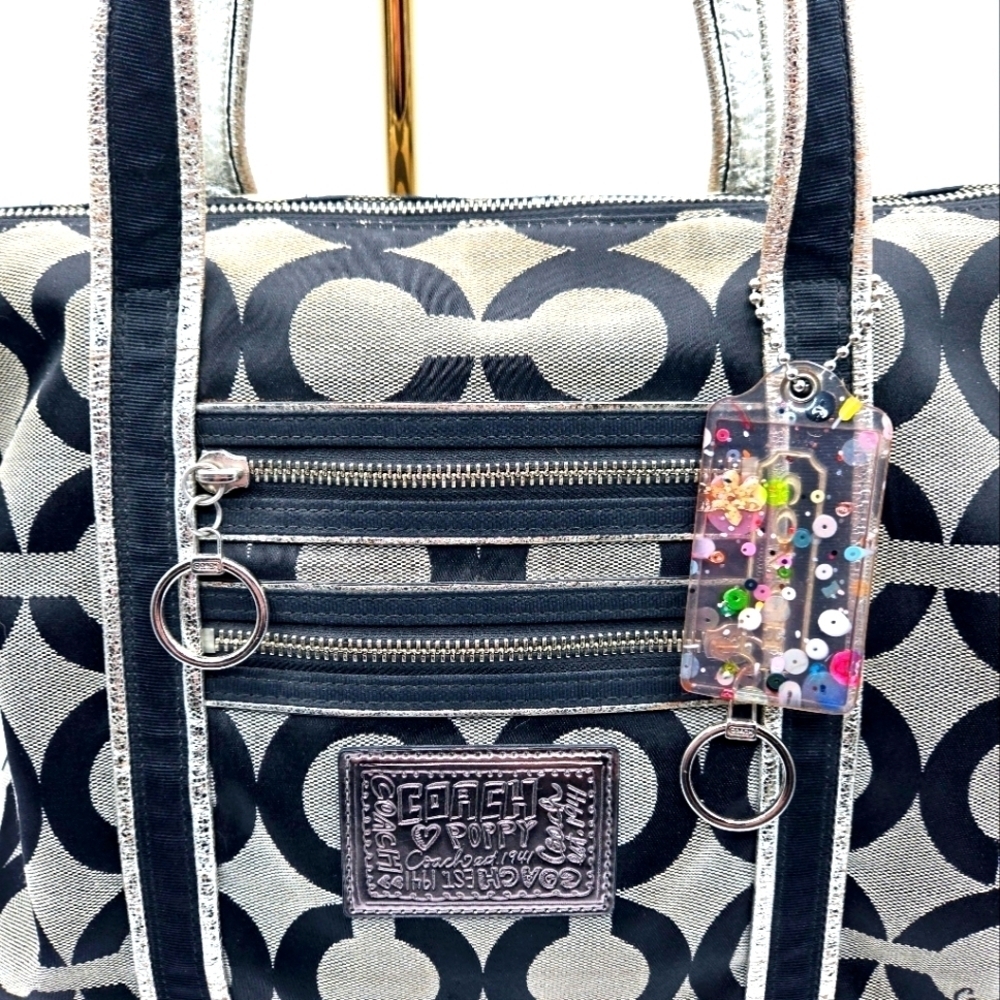 COACH Poppy Canvas Tote Black Op C Print Purple Lining Large Sequence Tag - Picture 2 of 14